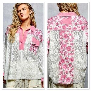 🌺 Hello Gorgeous!POL Floral Print Long Sleeve Lace Shirt w/Front Pocket- Pink